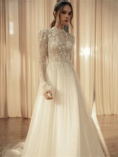 Lace Boho Wedding Dress Elegant Tulle Long Sleeve Floor-Length Bridal Gowns