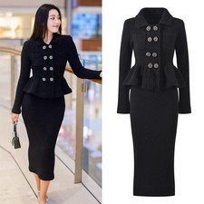 Spring New French Luxury Lapel Collar Double Buckle Black Slimming Party Dresses