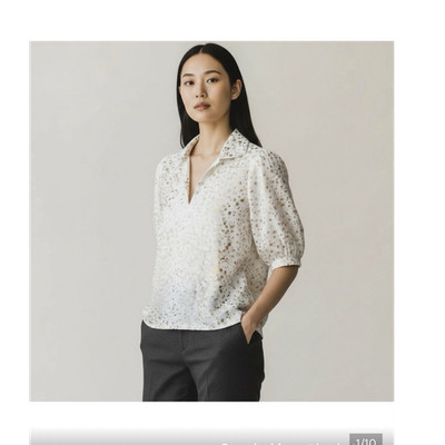 Emily McCarthy White Gold Starry Night Collared Puff Sleeve Blouse 3/4 Sleeve