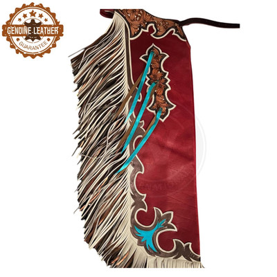 Custom Red Leather Rodeo Chaps Brown Tooling Turquoise Fringe Bull Riding Gear