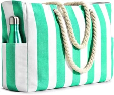 Becokan Women's Pool Swim Bag - Waterproof Sandproof Large Stripe Beach Green 