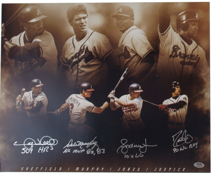 A Jones, D Murphy, G Sheffield, & D Justice Sign Atlanta Braves 16x20-PSA COA