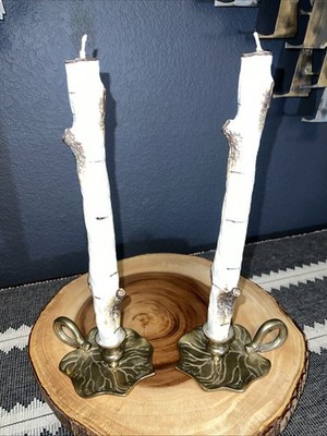 RARE PAIR Gorgeous A America Vintage Brass Candle Holders With  Birch Candles￼