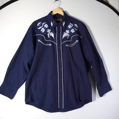 VTG Tem Tex Western Shirt Mens Long Sleeve Embroidered Snap Button Navy Blue