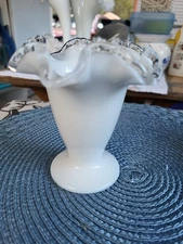 Fenton Milk Glass Vase Silver Crest Double Ruffled Edge Footed 4" Tall Vintage