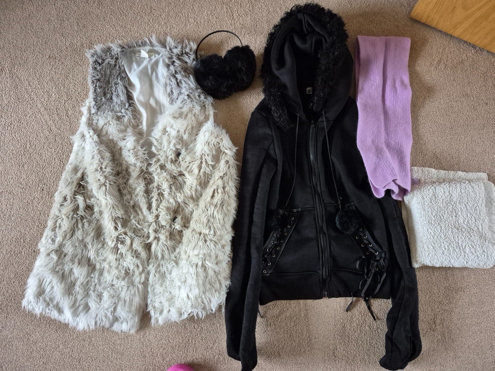 Faux Fur Gillet, Black Jacket and Scarfs & Black ear muffs Job Lot Size S - M