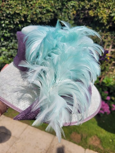 Jacques Vert Wedding Hat Aqua Purple Mother Of Bride Wedding Feathery Races - Picture 8 of 12