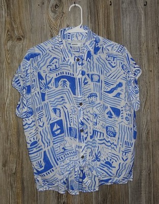 Sonoma Button Up Shirt Womens Sz Medium Blue White Sheer Seashells Fish Tropical
