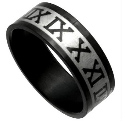 FACE RING (SV_M) 11号 (US 7) Black Plated STAINLESS STEEL Roman Numerical BAND RING, size 11