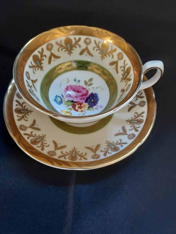 ROYAL GRAFTON CUP SAUCER GREEN BANDS GOLD FLORAL GILT, ROSE BOUQUET, GOLD RIMS