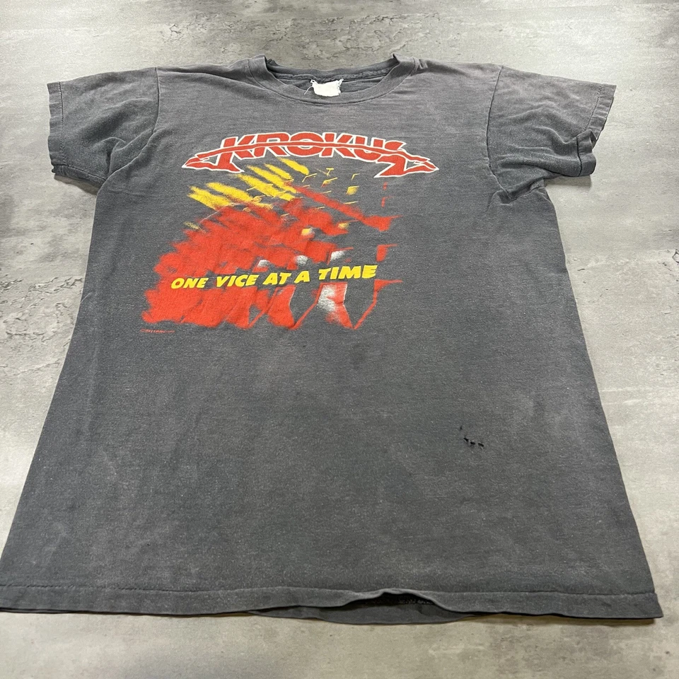 True Vintage 80s Krokus Shirt Adult S Crop Black Gray Faded Single Stitch Band - Image 4 of 4