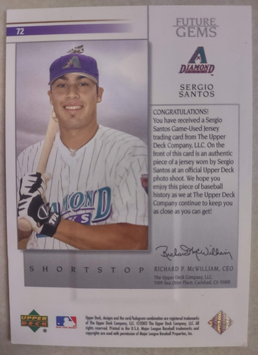 2002 Upper Deck Future Gem SERGIO SANTOS Diamondbacks WHITE JERSEY Swatch! - 第 2/2 張圖片