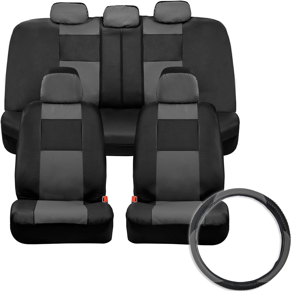 Faux Leather Full Set Car Seat Covers  with Steering Wheel Cover, Gray