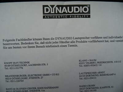 DYNAUDIO FACHHÄNDLERLISTE AUS DEM JAHRE 1996