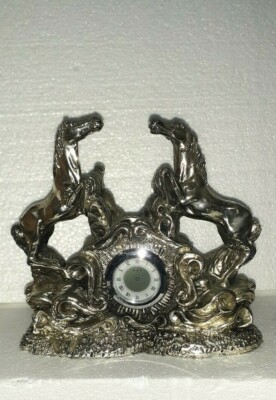 VINTAGE 50s ITALIAN SILVERPLATED ARG 800 MANTEL CLOCK SCULPTURE 2 REARING HORSE