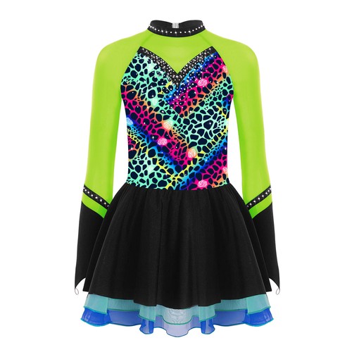 Kids Girls Dresses Latin Dancewear Modern Dress Mesh Splice Leotard Ballerina - Picture 35 of 53