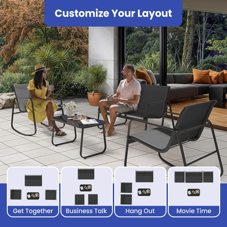 4 шт. уличные стулья-качалки для патио бистро с двухместным приставным столиком для двора - Изображение 4 из 4