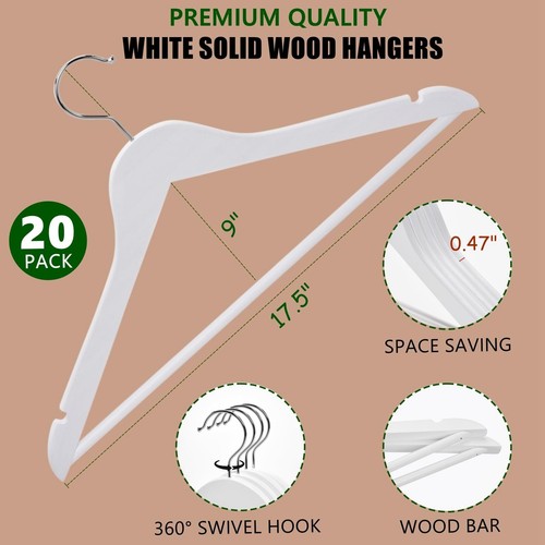 20 Pack White Wooden Hangers White Wood Coat Hangers with Non Slip Pant Bar C... - Picture 2 of 7