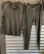 Warm Cabelas Icebreaker Womens Cabin Lounge Thermal Layer Shirt Pants Set Green