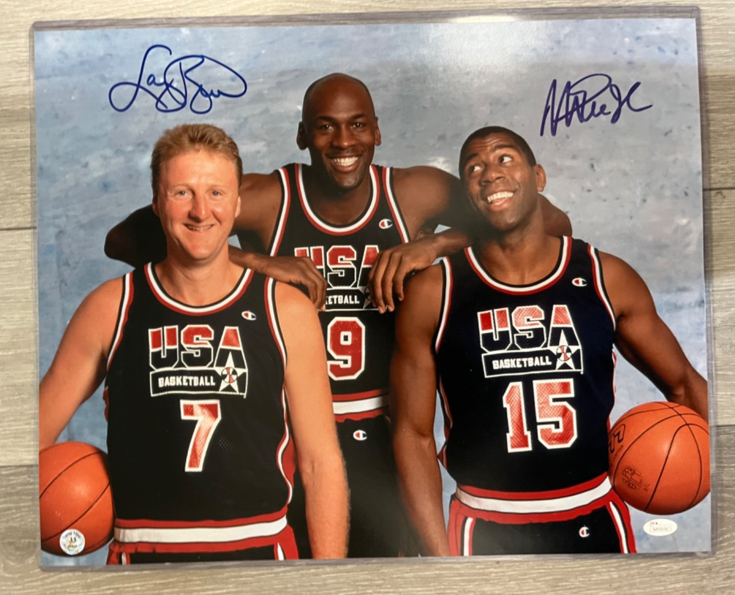 Larry Bird Autographed Signed 1992 Dream Team Magic Johnson & w/ MICHAEL JORDAN 20X16 poster JSA Dream Team 