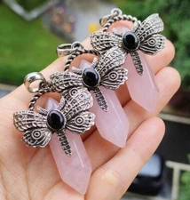 5pcs Natural Rose Quartz Gems Dragonfly Pendants Magic Reiki Healing Amulet
