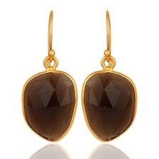 Natural Smoky Quartz Gold Plated 925 Sterling Silver Dangle Earrings Jewelry