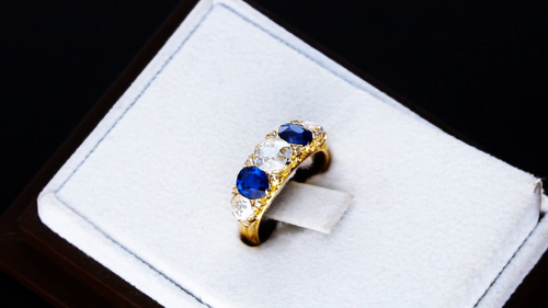 1.20Ct Basaltic Sapphire and 1.59Ct Diamond, 18k Yellow Gold Five Stone Ring - Video 1 of 1