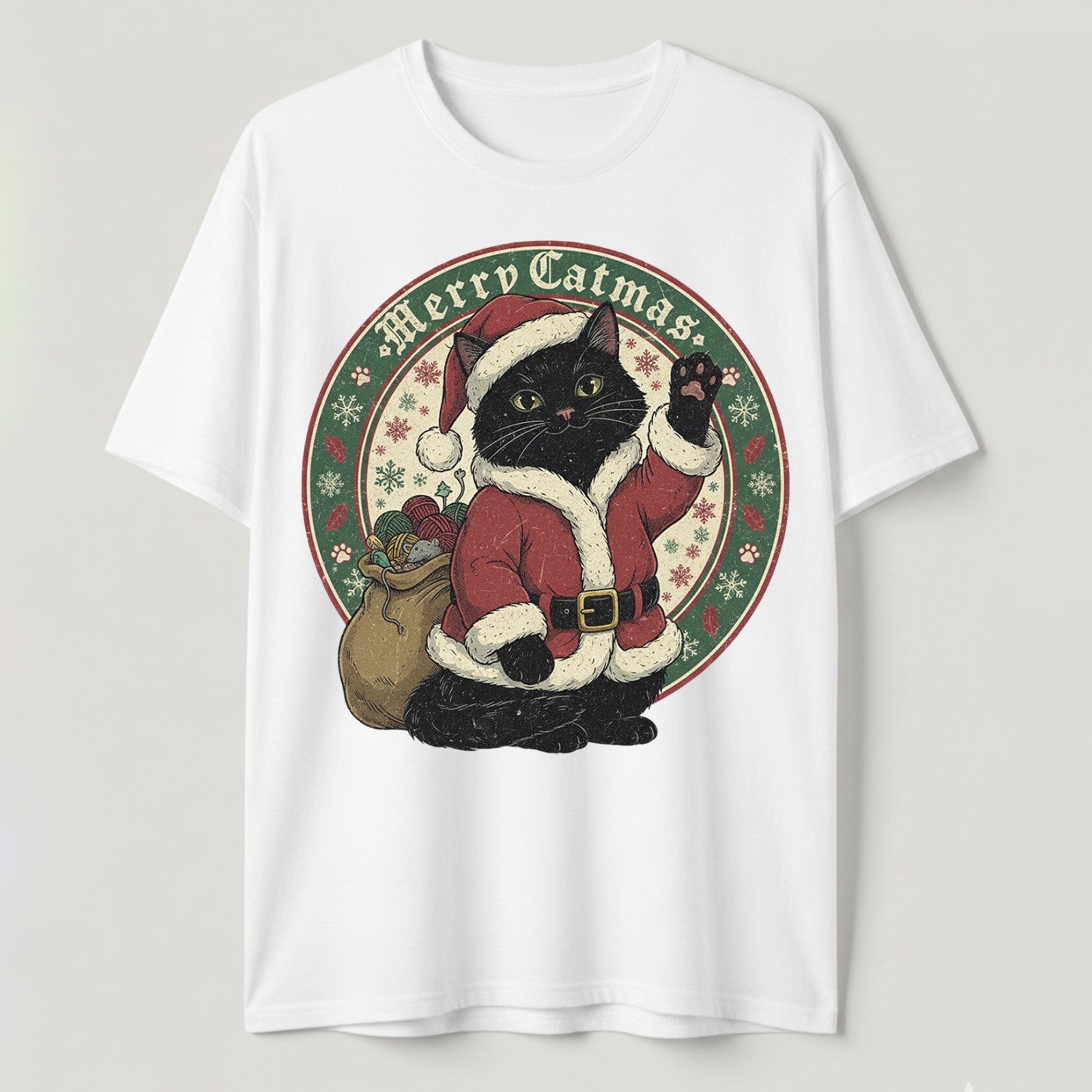 Merry Catmas T-Shirt Black Cat Santa Cute Christmas Kitty Yarn Lover Gift Tee
