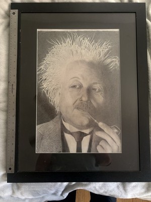 Original Framed Brett Rhodes Realism Portrait Pencil Drawing of Einstein 