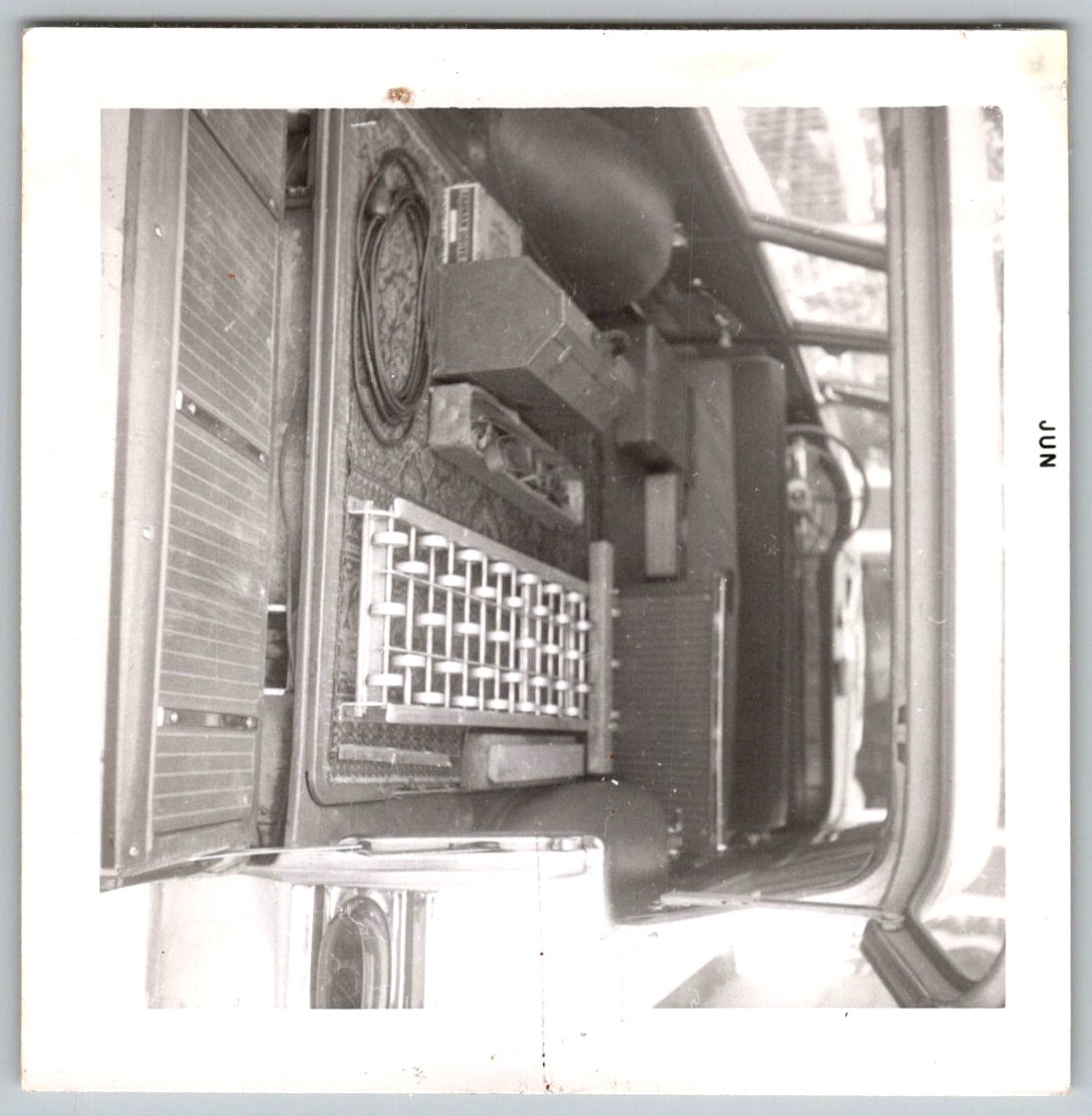 Vtg B&W Snapshot Interior Of Utility Van With Equipment Tools Metal Rack 1960s