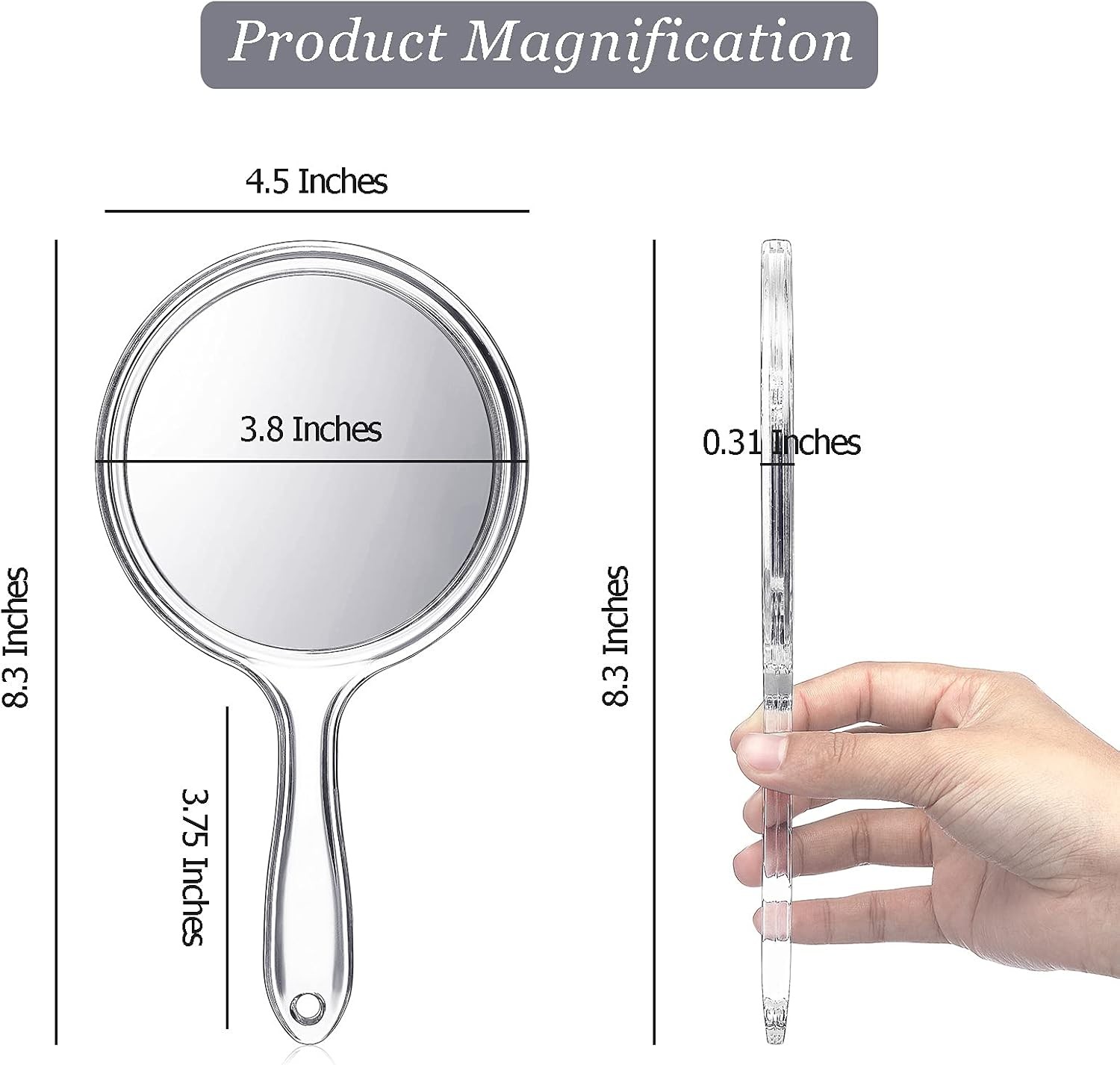Jetec Hand Mirror Double-Sided Handheld 1X/ 2X 8.3"L x 4.5"W, Clear 