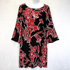 Lauren Ralph Lauren Floral Shift Dress Womens 8 Black Red 3/4 Flutter Sleeve