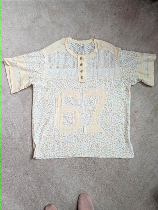 POL Womens M Oversized Top Yellow Floral Lace Thermal Knit Summer Beach Sport