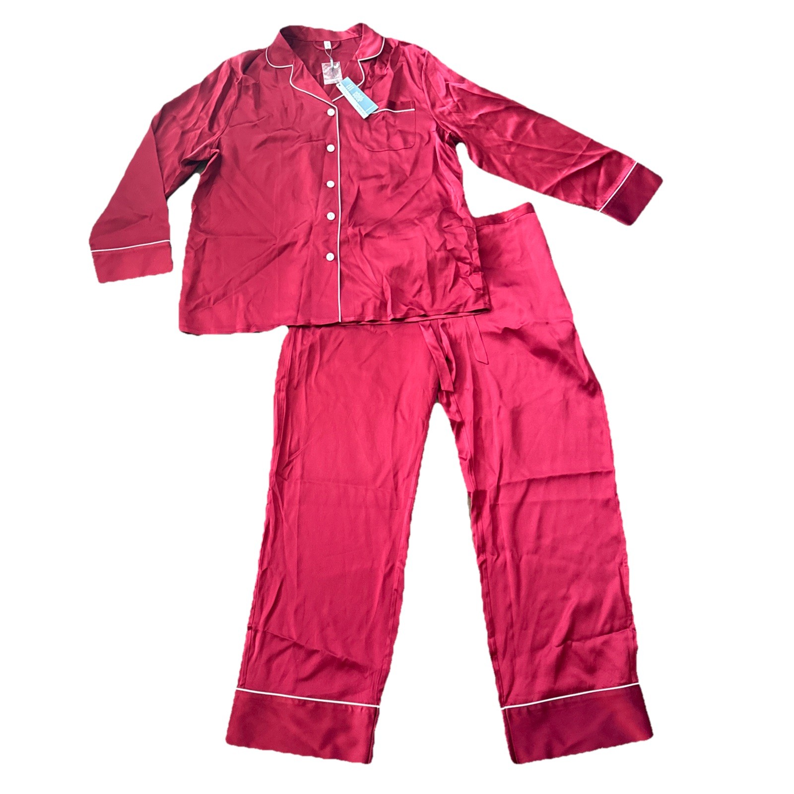 Mommesilk 100% Mulberry Silk Piped Pajama Set Womens XL Red NWT Long Sleeve