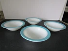 Set of 4 VTG CEREAL SALAD BOWL PYREX BLUE BAND Milk Glass Turquoise Aqua Rim USA