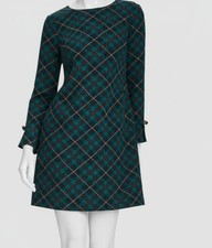 Tommy Hilfiger Women Green Plaid Round Neck Long Sleeve Bow-Cuff Dress Size 14