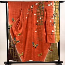 JAPANESE KIMONO FURISODE ORANGE 154cm 5 ft 1 in PURE SILK B1750