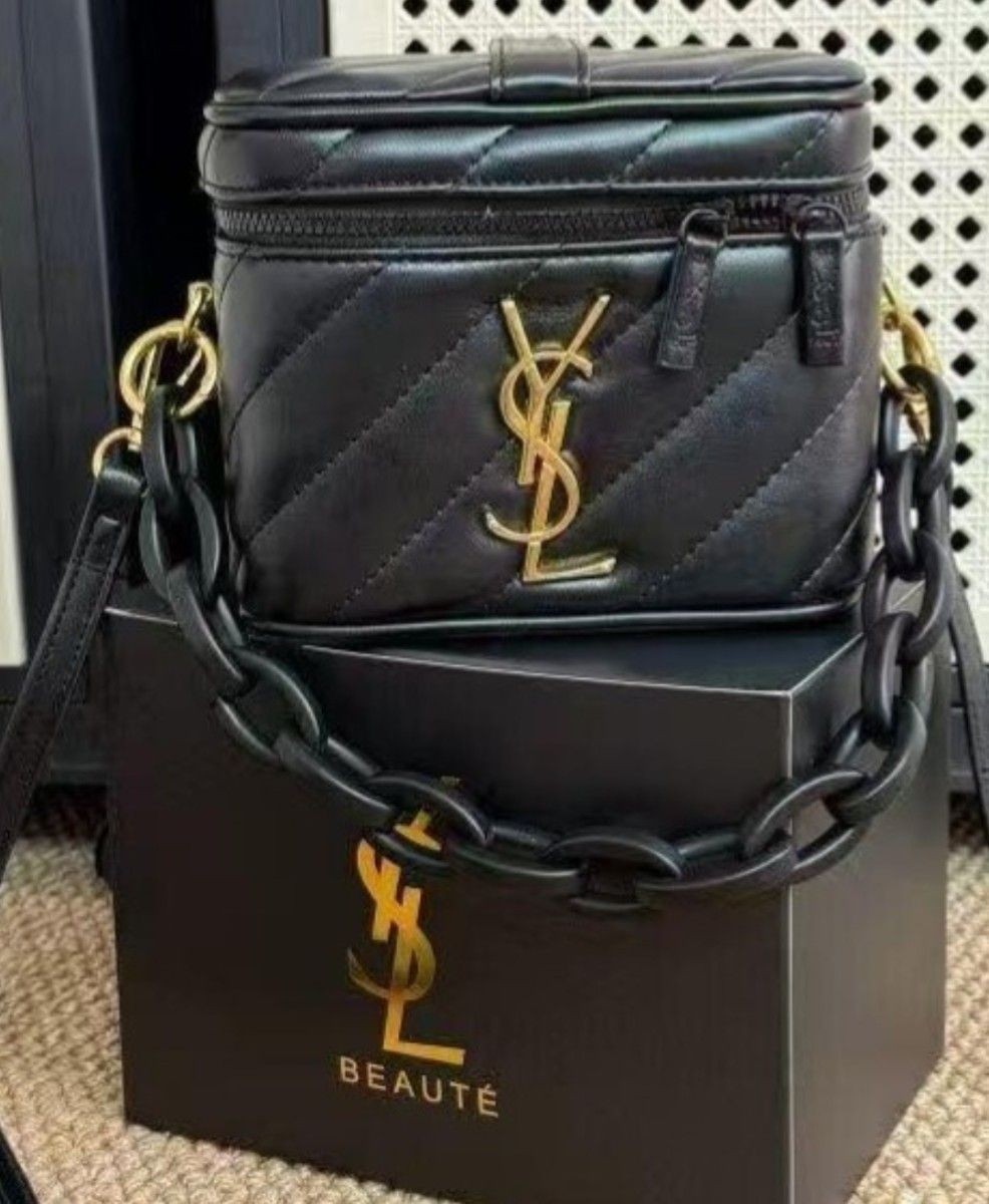 YVES SAINT LAURENT Leather Vanity Pouch Black With Chain Strap Makeup Box thumbnail 5