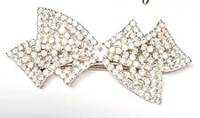Vintage Handset Rhinestones Bow Hair Barrette 3 1/2 Inches Wide