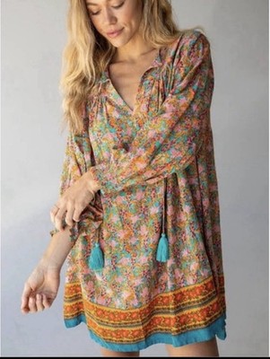 Natural Life Medium Dara V-Neck Boho Tunic Dress Floral granola girl, Flowy