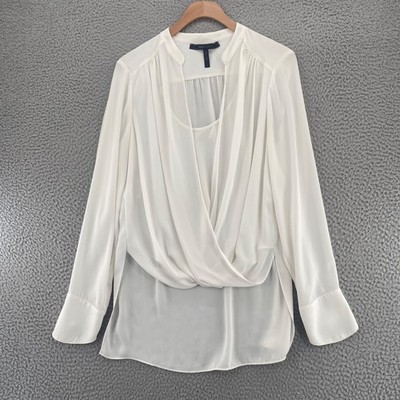 BCBGMAXAZRIA Top Womens Medium Jaklyn White Long Sleeve Surplice Tunic High Low