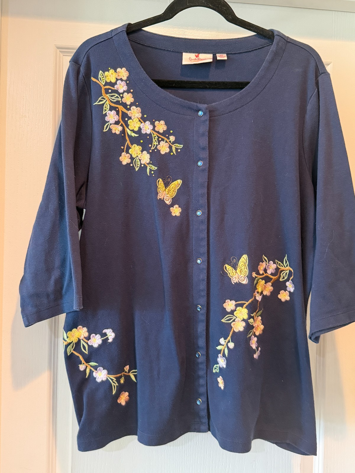 Quacker Factory Navy Blue Embroidered Butterfly Floral Cardigan Top 2X ...