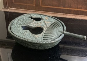 Japanese Antique Cast Iron Incense Burner With Fan lid, gourd -shaped relief cut