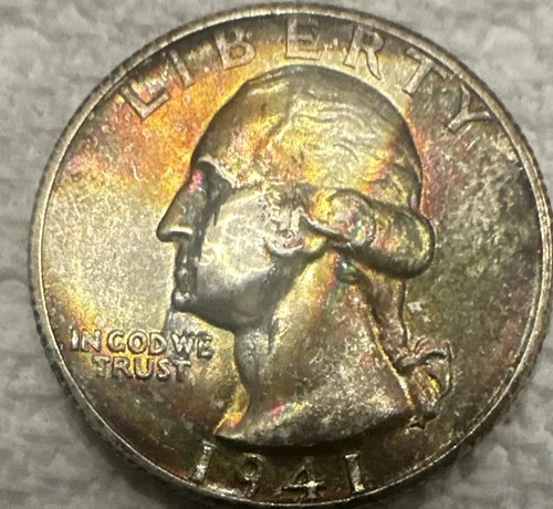 1941-S WASHINGTON SILVER QUARTER DOLLAR ~ RAINBOW TONED Au Condition