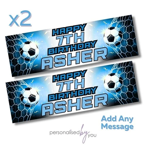 2 x Personalised Birthday Banners Large 900x300 FOOTBALL GOAL ADD NAME AGE PARTY