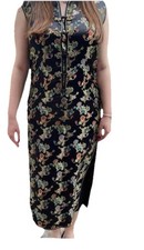 Traditional Mandarin Cheongsam Qipao Long Dress-Black w/Vibrant Floral-Size M