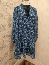 LOVE & ROSES Blue Floral Dress UK 12 Chiffon Smock Tunic Boho Mini Tiered Next