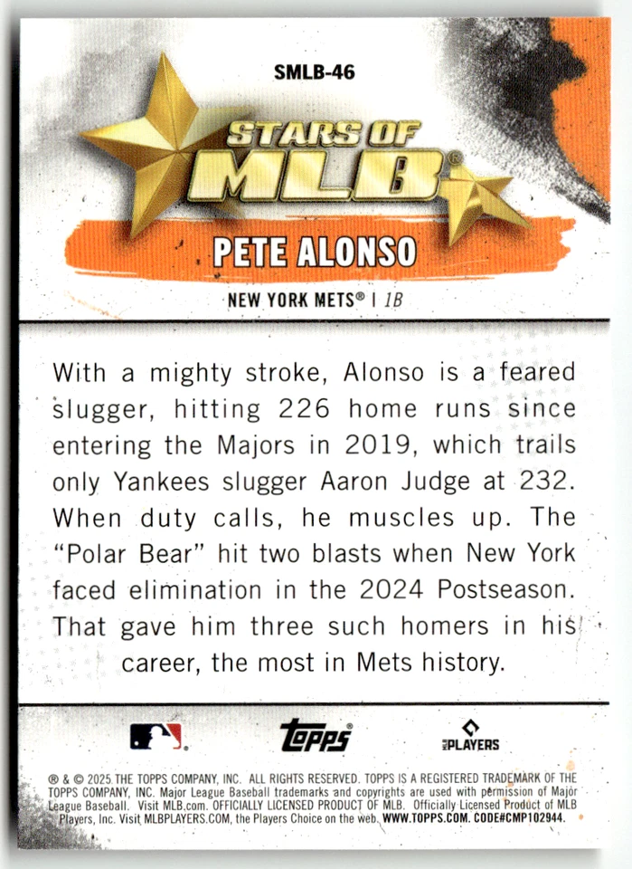 2025 Topps Serie 1 MLB No. SMLB-46 Pete Alonso Estrellas de MLB - Imagen 2 de 2