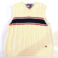 Vintage Tommy Hilfiger Sweater Vest XL White Cable Knit V Neck Preppy Academia