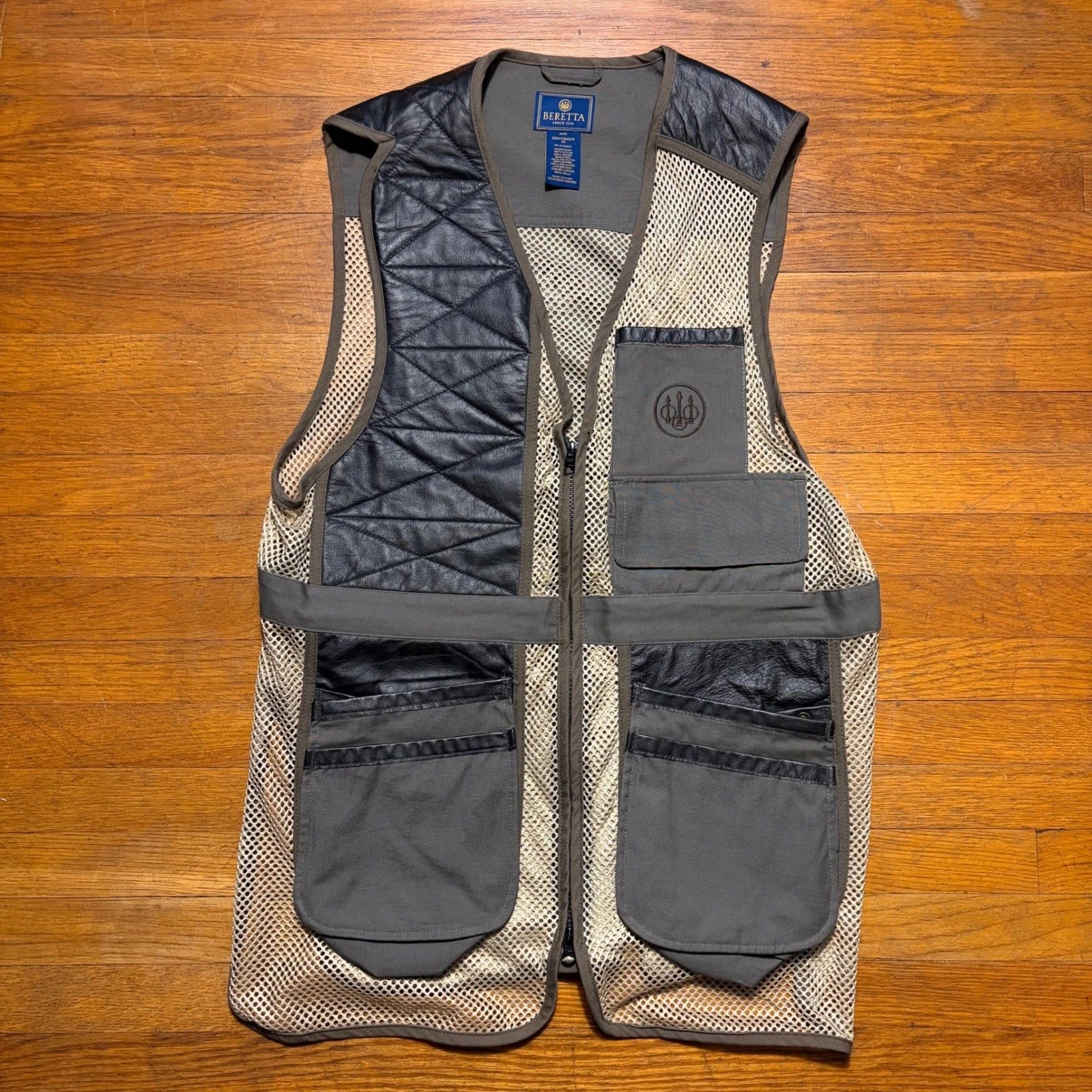 Beretta Shooting Vest Mens Brown Mesh Leather Full Zip Pockets Game Pouch Size M - product detail image 1